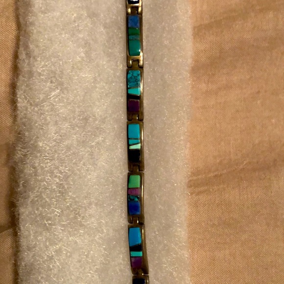 Turquoise, lapis & onyx Signed Sterling Bracelet - Picture 5 of 7